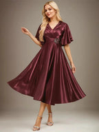 A-line V-Neck Tea-Length Stretch Satin Mother of the Bride Dress With Beading Pleated by Dreamylily