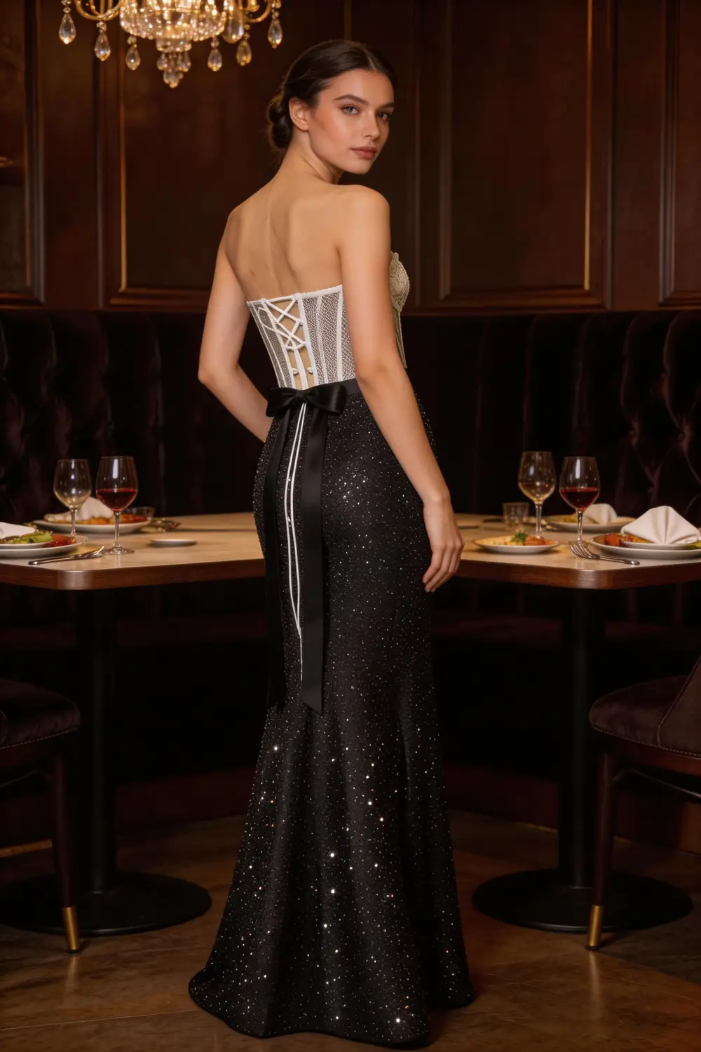 White Lace Corset Black Glitter Mermaid Prom Dress, Strapless Formal Evening Gown by tangjianjun