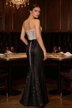 White Lace Corset Black Glitter Mermaid Prom Dress, Strapless Formal Evening Gown by tangjianjun