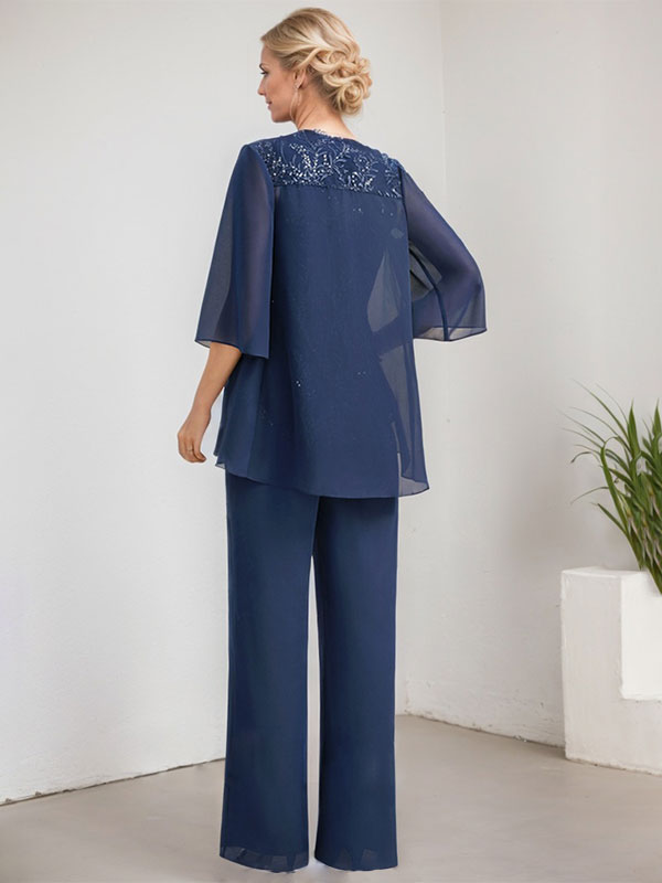 Separates Jumpsuit/Pantsuit Scoop Floor-Length Lace Chiffon Mother of the Bride Dress With Sequins