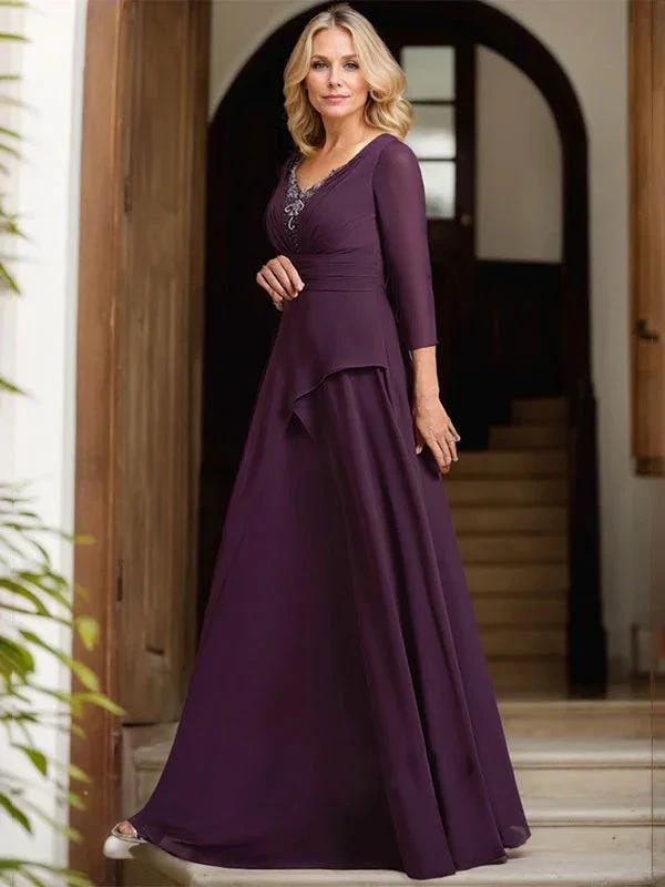 A-line V-Neck Floor-Length Chiffon Mother of the Bride Dress With Pleated Beading by Dreamylily