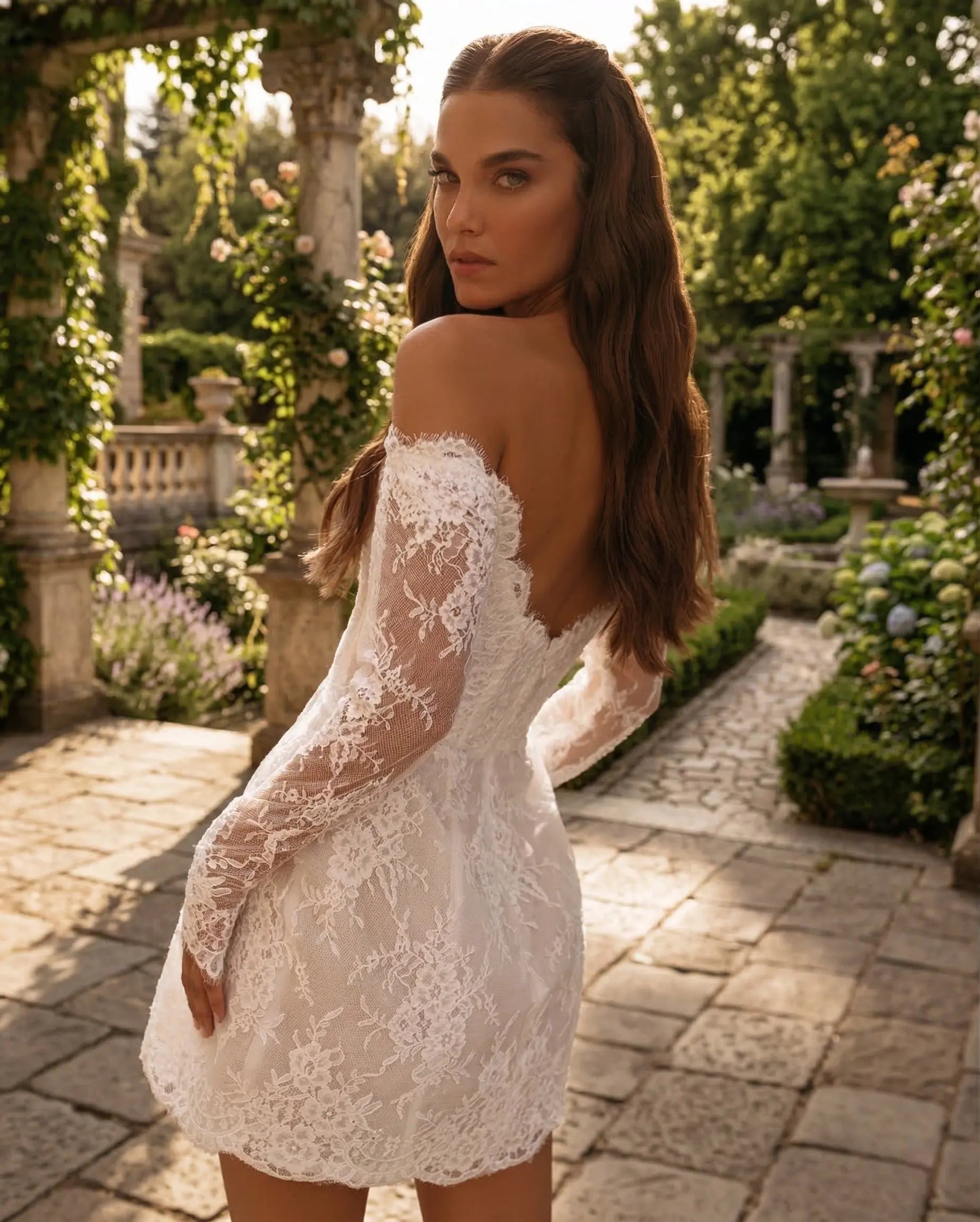 Luxury Ivory Off-the-Shoulder Long Sleeve Lace Mini Wedding Dress SW170