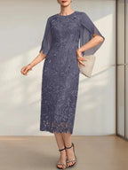 Sheath/Column Scoop Tea-Length Lace Chiffon Mother of the Bride Dress by Dreamylily