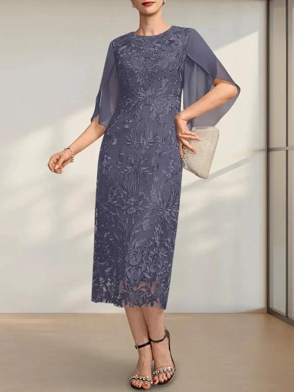 Sheath/Column Scoop Tea-Length Lace Chiffon Mother of the Bride Dress by Dreamylily