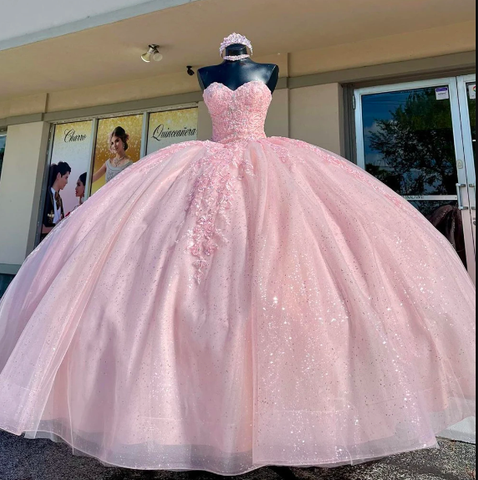 Vestido de quinceañera rosa claro con escote corazón, vestido de fiesta de cumpleaños Y2730