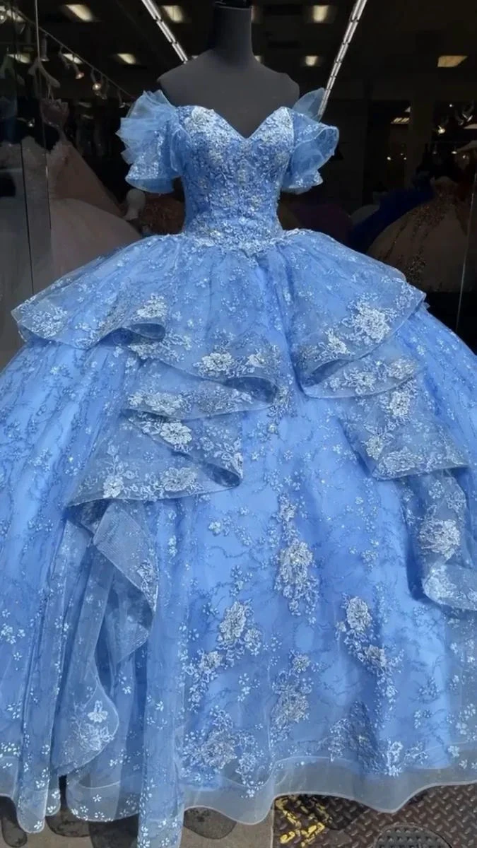 Luxurious Blue Lace Tulle Ball Gown,Blue Sweet 16 Dress,Quinceanera Dress Y4510 by simplepromdress