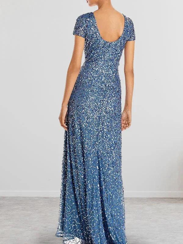 Dusty Blue Sequins Sheath Scoop Long Mother of the Bride Dress by Dreamylily