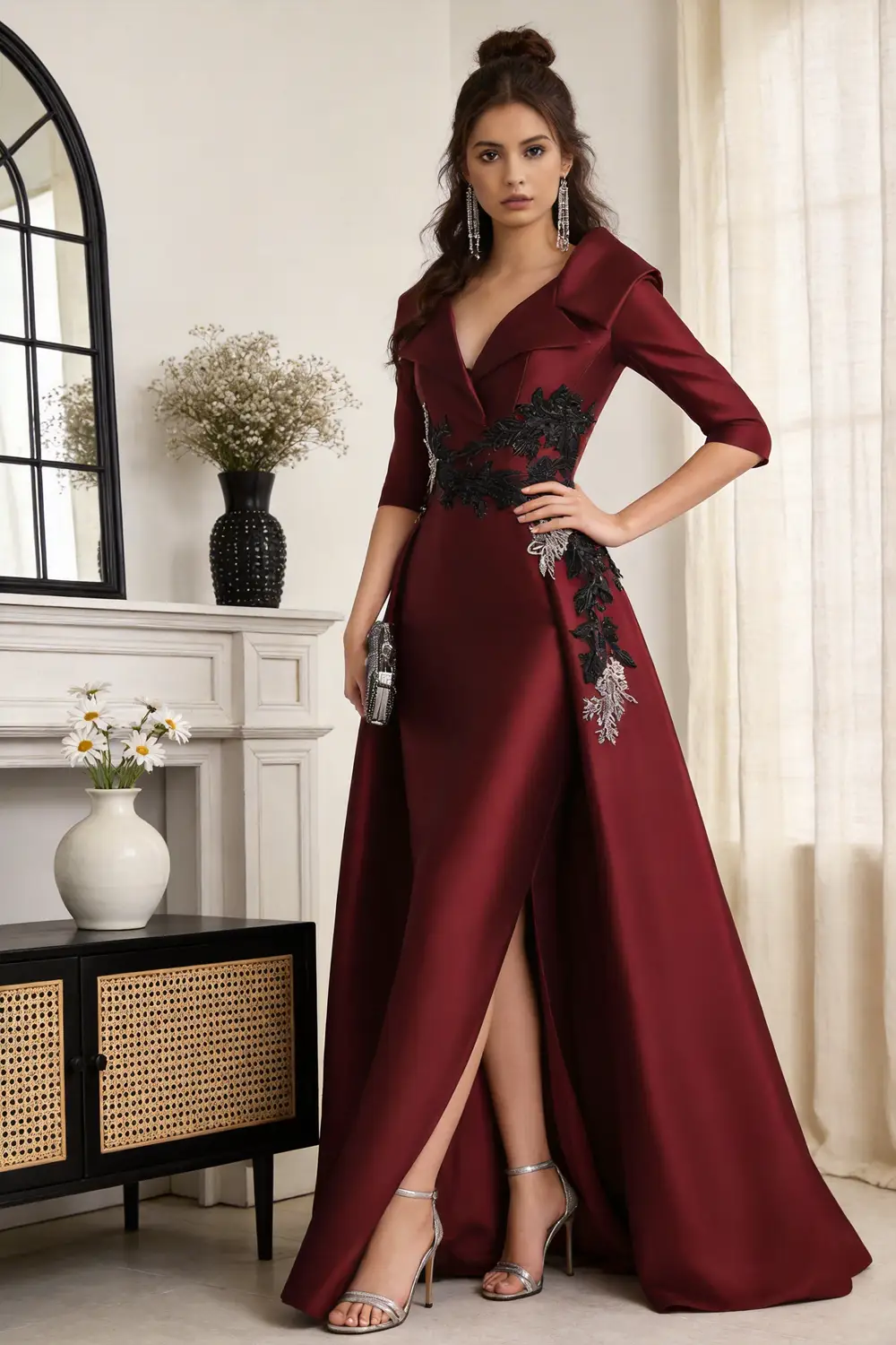 Burgundy Satin Floral Embroidered Mermaid Evening Gown, Overskirt Formal Dress by tangjianjun