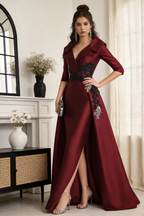 Burgundy Satin Floral Embroidered Mermaid Evening Gown, Overskirt Formal Dress by tangjianjun