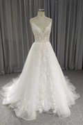 A Line Spaghetti Straps Wedding Dress With Applique, Simple V Neck Bridal Gown Y5601 by simplepromdress