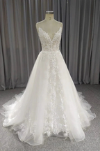 A Line Spaghetti Straps Wedding Dress With Applique, Simple V Neck Bridal Gown Y5601 by simplepromdress