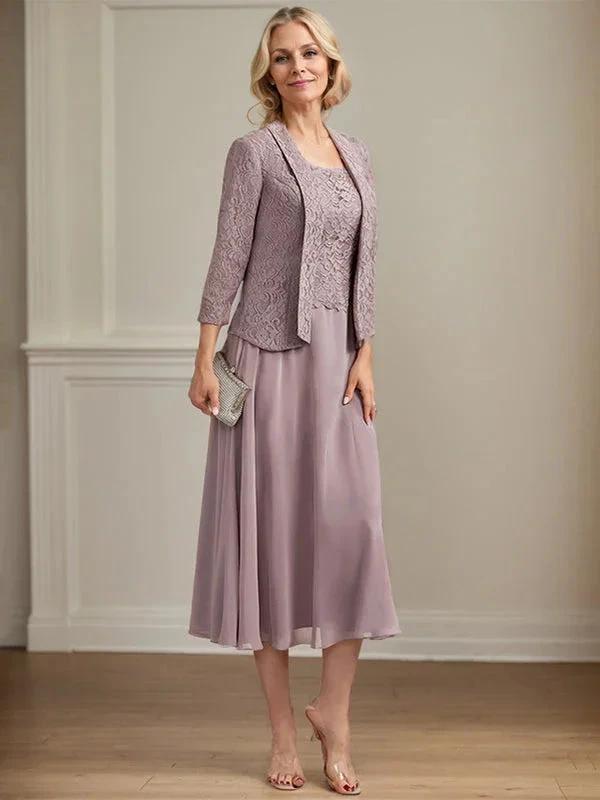 A-line Scoop Tea-Length Lace Chiffon Mother of the Bride Dress by Dreamylily