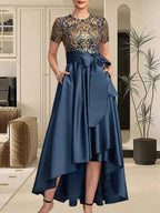 A-line Scoop Asymmetrical Satin Sequin Lace Mother of the Bride Dress With Bow by Dreamylily