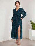 A-Line V-Neck Long Sleeves Velvet Tea-Length Mother of the Bride Dress With Split by Dreamylily