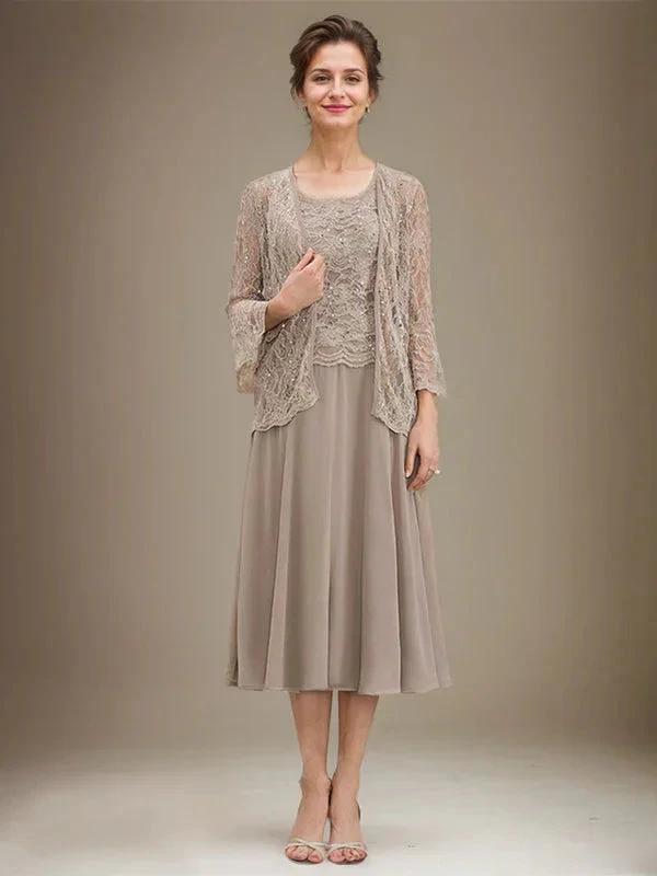 A-line Scoop Tea-Length Lace Chiffon Mother of the Bride Dress With Sequins by Dreamylily