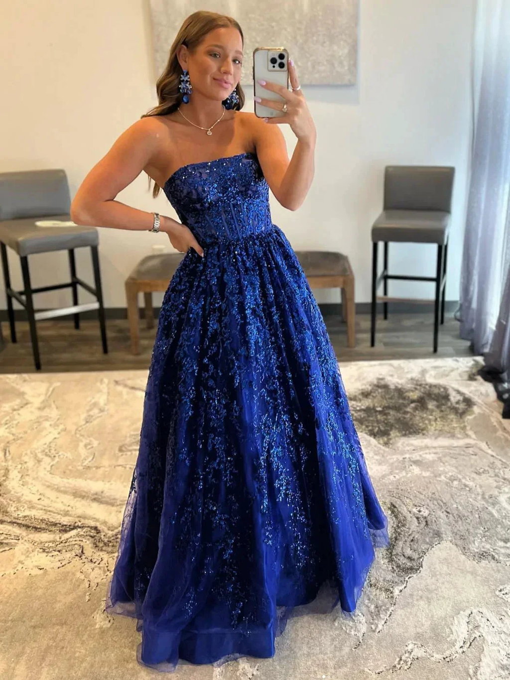 Blue A line tulle sequin long prom dress, blue tulle evening dress Y249 by simplepromdress