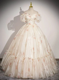 Cute Off The Shoulder Tulle Print Floral Ball Gown,Formal Prom Dress Evening Dress Y8365 by simplepromdress