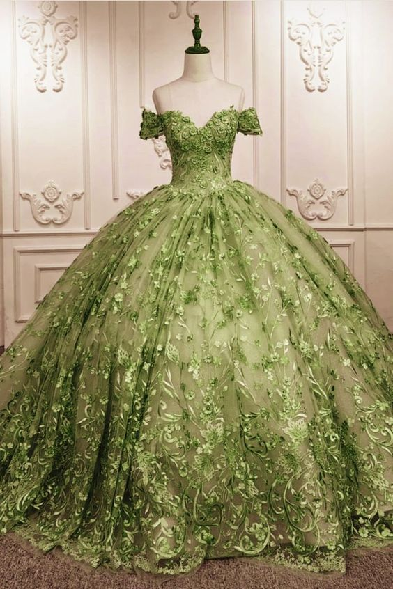 unique sage lace ball gown off the shoulder quince dress for 15th birthday party Y6525 Hover Image