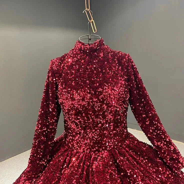 Burgundy Ball Gown Sequin Long Sleeve Quinceanera Dresses Y4442 by simplepromdress