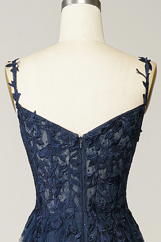 A-Linie Marineblaues Ballkleid Spitze Tüll Abendkleid Y382