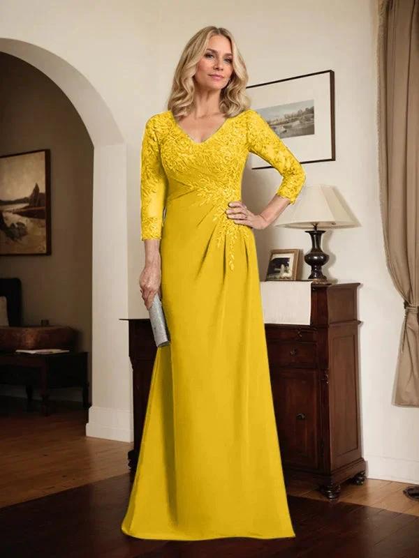 Sheath/Column V-Neck Illusion Floor-Length Lace Chiffon Mother of the Bride Dress With Pleated Sequins by Dreamylily