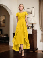 A-line Scoop Illusion Asymmetrical Chiffon Lace Mother of the Bride Dress With Bow Ruffle Sequins by Dreamylily