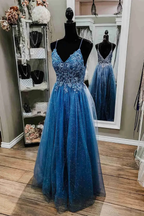 Glitter Straps Beaded Blue Formal Prom Dress Chic Evening Dress Y1811 by simplepromdress