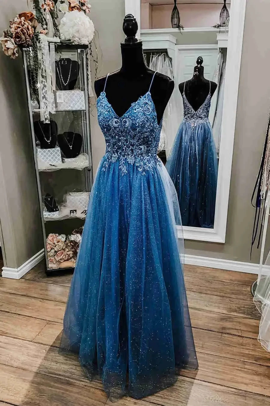 Glitter Straps Beaded Blue Formal Prom Dress Chic Evening Dress Y1811 by simplepromdress