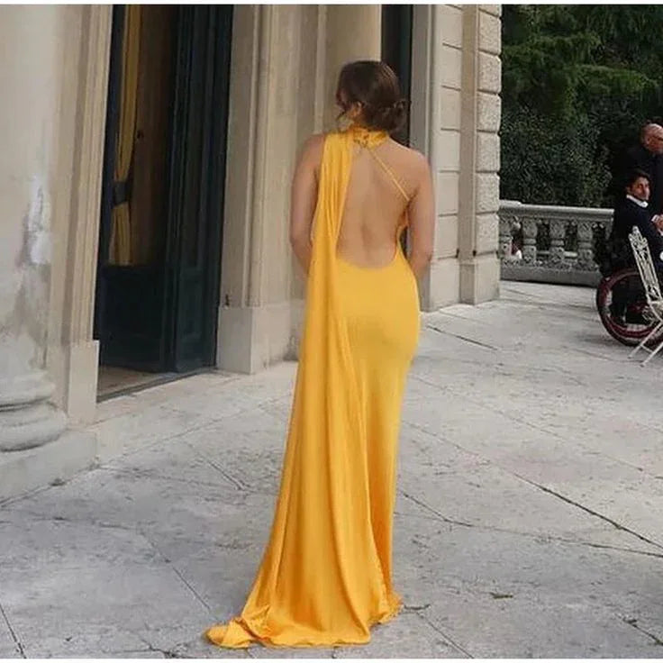 Yellow Satin Backless Off-Shoulder Long Prom Dress Evening Dress Y8466 by simplepromdress
