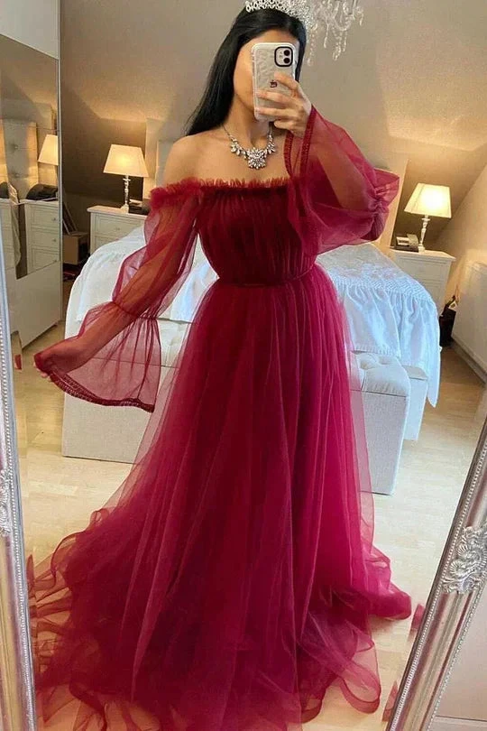 Burgundy Tulle Evening Dress With Long Sleeves Y503 by simplepromdress