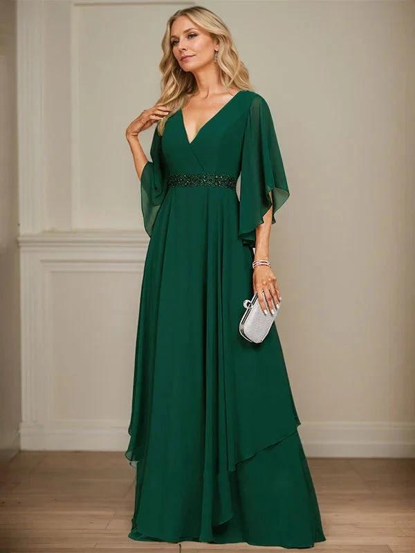 A-line V-Neck Floor-Length Chiffon Mother of the Bride Dress With Sequins Appliques Lace Beading by Dreamylily