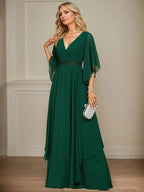 A-line V-Neck Floor-Length Chiffon Mother of the Bride Dress With Sequins Appliques Lace Beading by Dreamylily