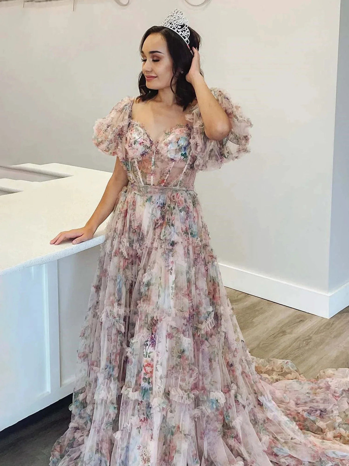 Sydney |A Line Off The Shoulder Floral Tulle Prom Dress by KissProm