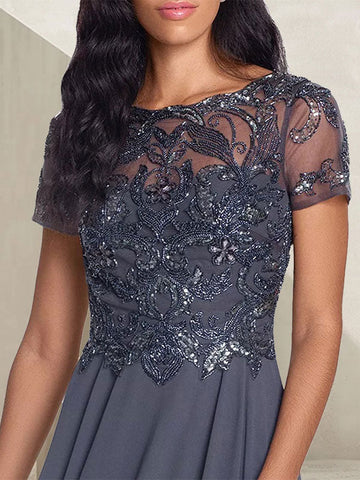 Vestido largo de madre de la novia con escote redondo, corte A, color gris carbón y cuentas