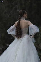 White Draped Pearl Tulle Ball Gown Bridal Dress with Puff Sleeves SW663