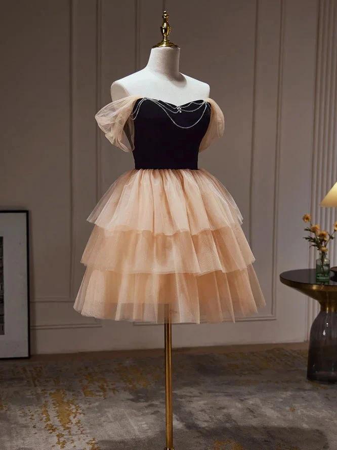 Chic Champagne Off The Shoulder Beading Tulle Short Homecoming Dresses by Cicinia