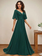 A-line V-Neck Floor-Length Chiffon Mother of the Bride Dress With Sequins Appliques Lace Pleated by Dreamylily