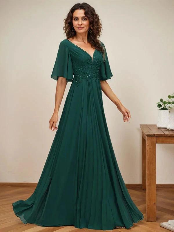 A-line V-Neck Floor-Length Chiffon Mother of the Bride Dress With Sequins Appliques Lace Pleated by Dreamylily