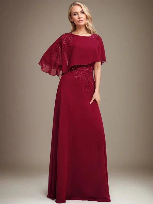 A-line Scoop Floor-Length Chiffon Lace Mother of the Bride Dress With Sequins Beading by Dreamylily