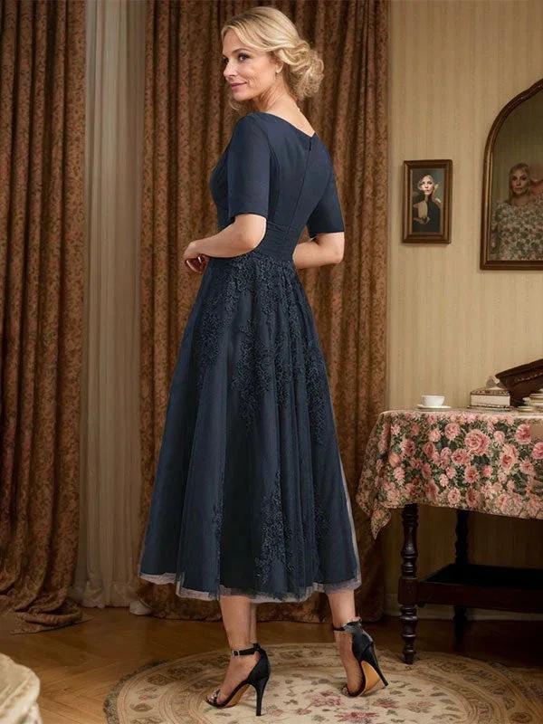 A-line V-Neck Tea-Length Tulle Lace Mother of the Bride Dress With Pleated by Dreamylily