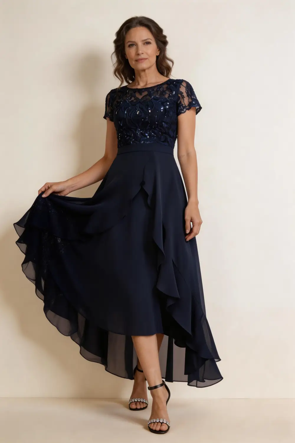 Navy Blue Lace Sequin Chiffon High-Low Mother of the Bride Dress with Ruffle by tangjianjun