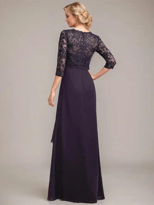 A-line V-Neck Floor-Length Lace Chiffon Mother of the Bride Dress With Cascading Ruffles Sequins by Dreamylily