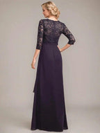 A-line V-Neck Floor-Length Lace Chiffon Mother of the Bride Dress With Cascading Ruffles Sequins by Dreamylily