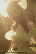 Ethereal Sage Green Off-Shoulder Tulle Ball Gown with Ruffled Sleeves & 3D Floral Accents by ZAPDRESS