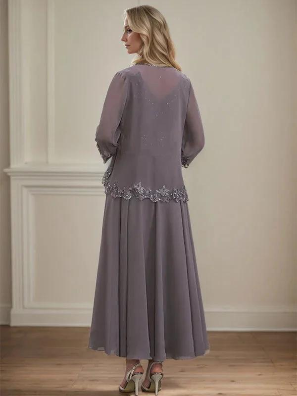 A-line V-Neck Ankle-Length Chiffon Mother of the Bride Dress With Sequins Appliques Lace Beading by Dreamylily