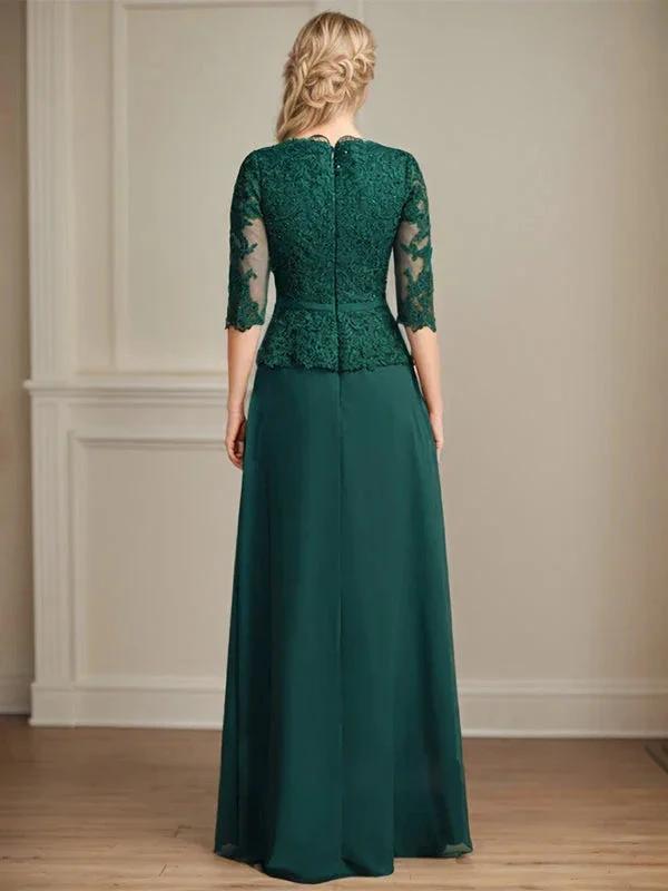 A-line V-Neck Floor-Length Lace Chiffon Mother of the Bride Dress With Cascading Ruffles Sequins by Dreamylily