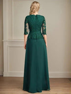 A-line V-Neck Floor-Length Lace Chiffon Mother of the Bride Dress With Cascading Ruffles Sequins by Dreamylily