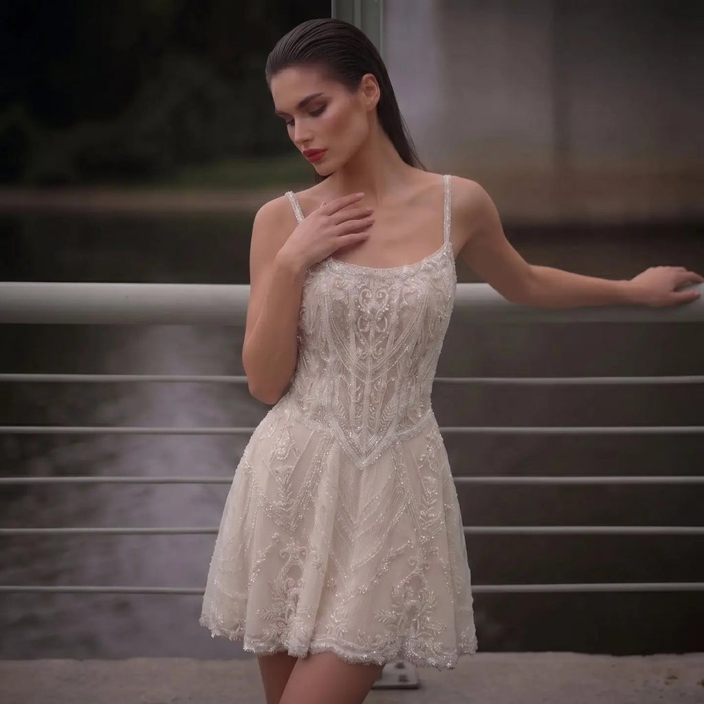 Luxury Ivory Beaded Lace Short Wedding Dress with Lace-Up Corset Back SW707