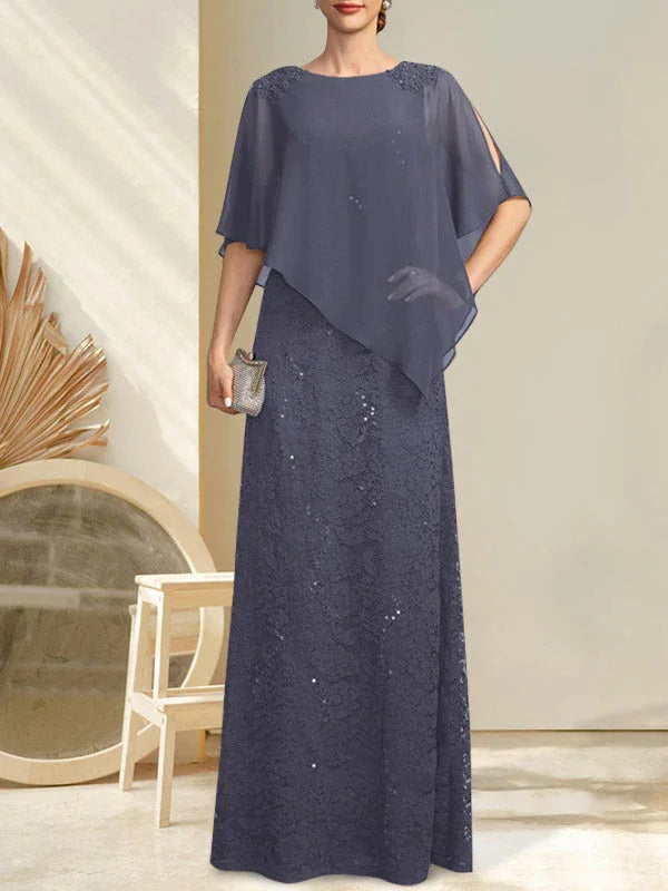 Sheath/Column Scoop Floor-Length Chiffon Lace Mother of the Bride Dress With Sequins Beading by Dreamylily