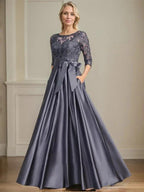 A-line Scoop Illusion Floor-Length Satin Lace Mother of the Bride Dress With Sequins Bow by Dreamylily